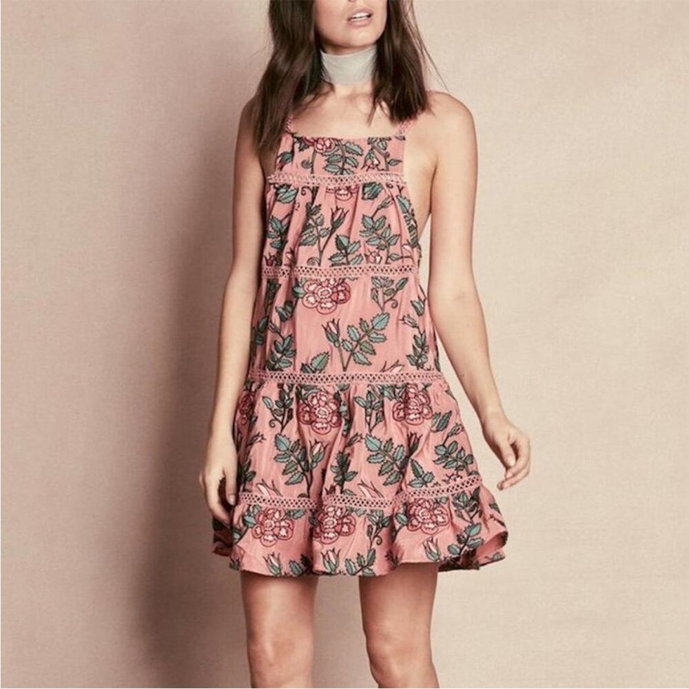 For Love & Lemons Rosali Pink & Green Floral Embroidered Tank Dress XS